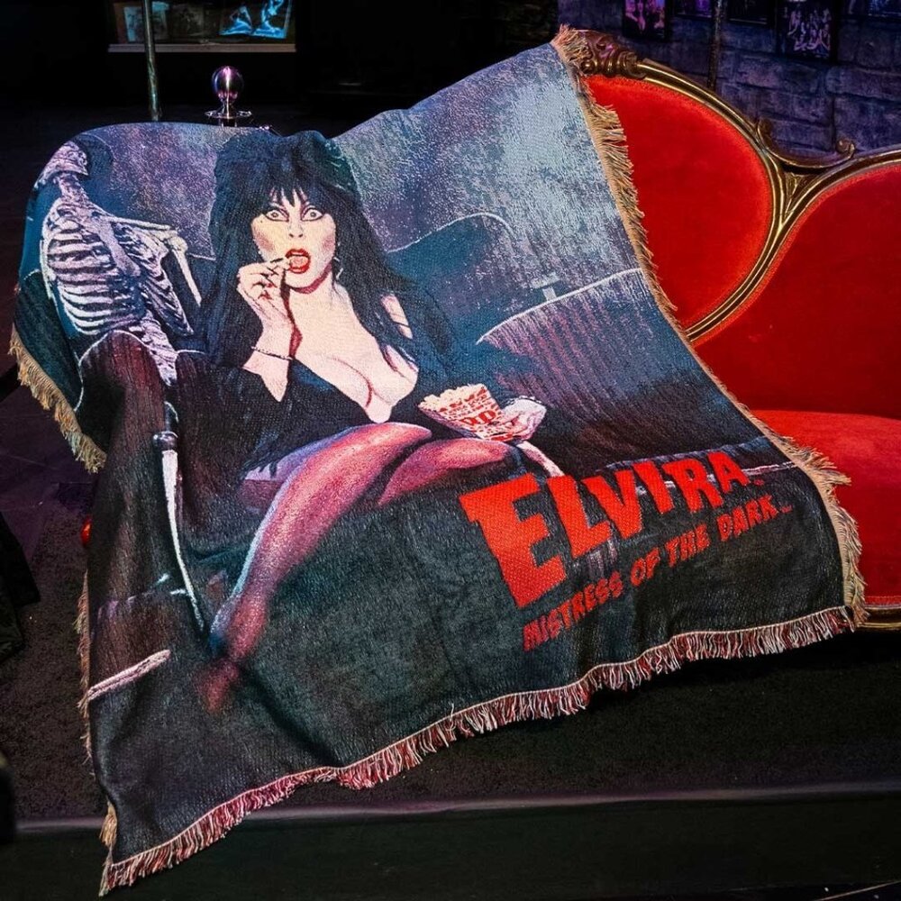 Elvira Throw Blanket Tapestry Mistress of the Dark Eating Popcorn Movie Theater